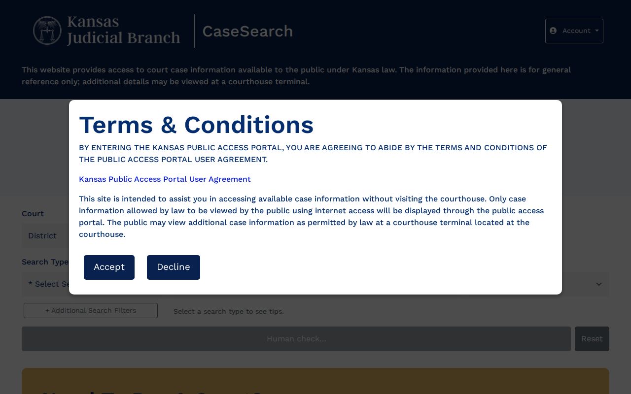 Current Kansas public case search form with Scott County selection and filters