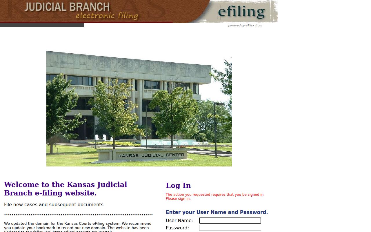 Kansas eFiling login worklist with username and password controls