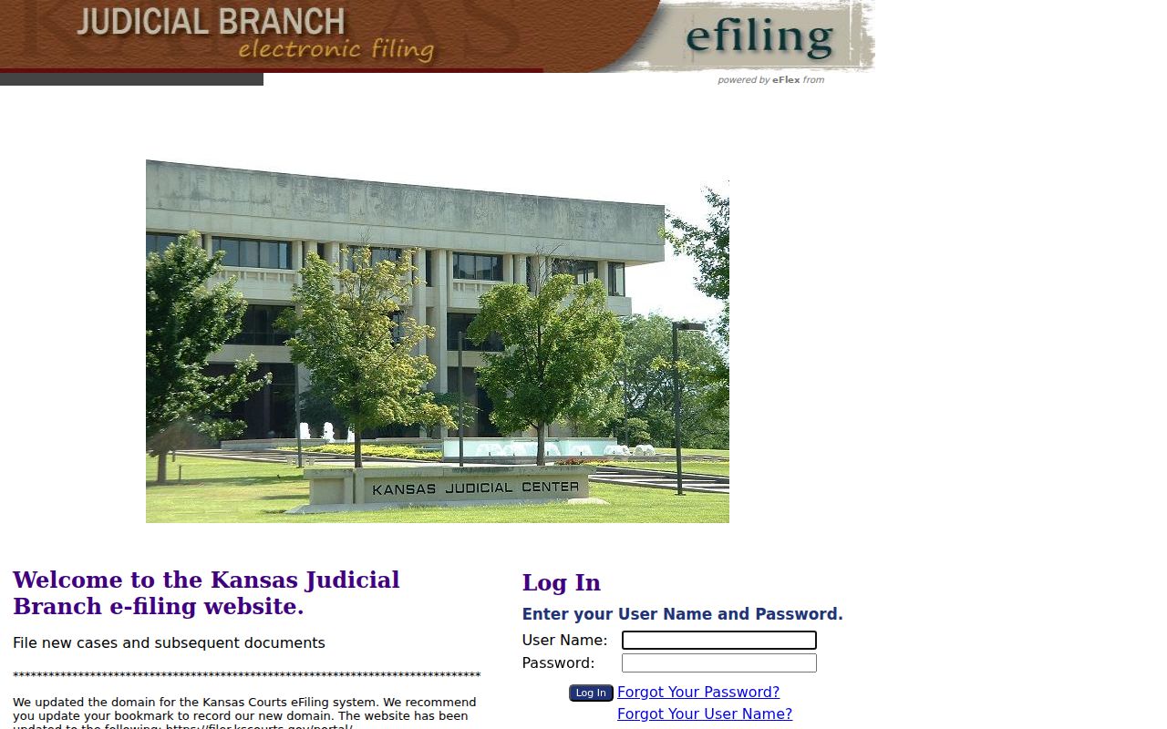 Kansas Judicial Branch eFiling landing screen for submitting case documents