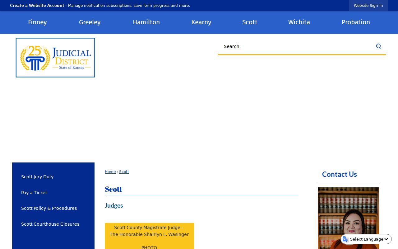 Scott County District Court official page with judge and clerk details