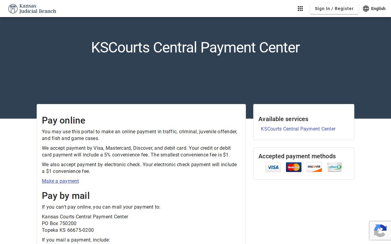 Kansas Courts Central Payment Center methods and convenience fee panel