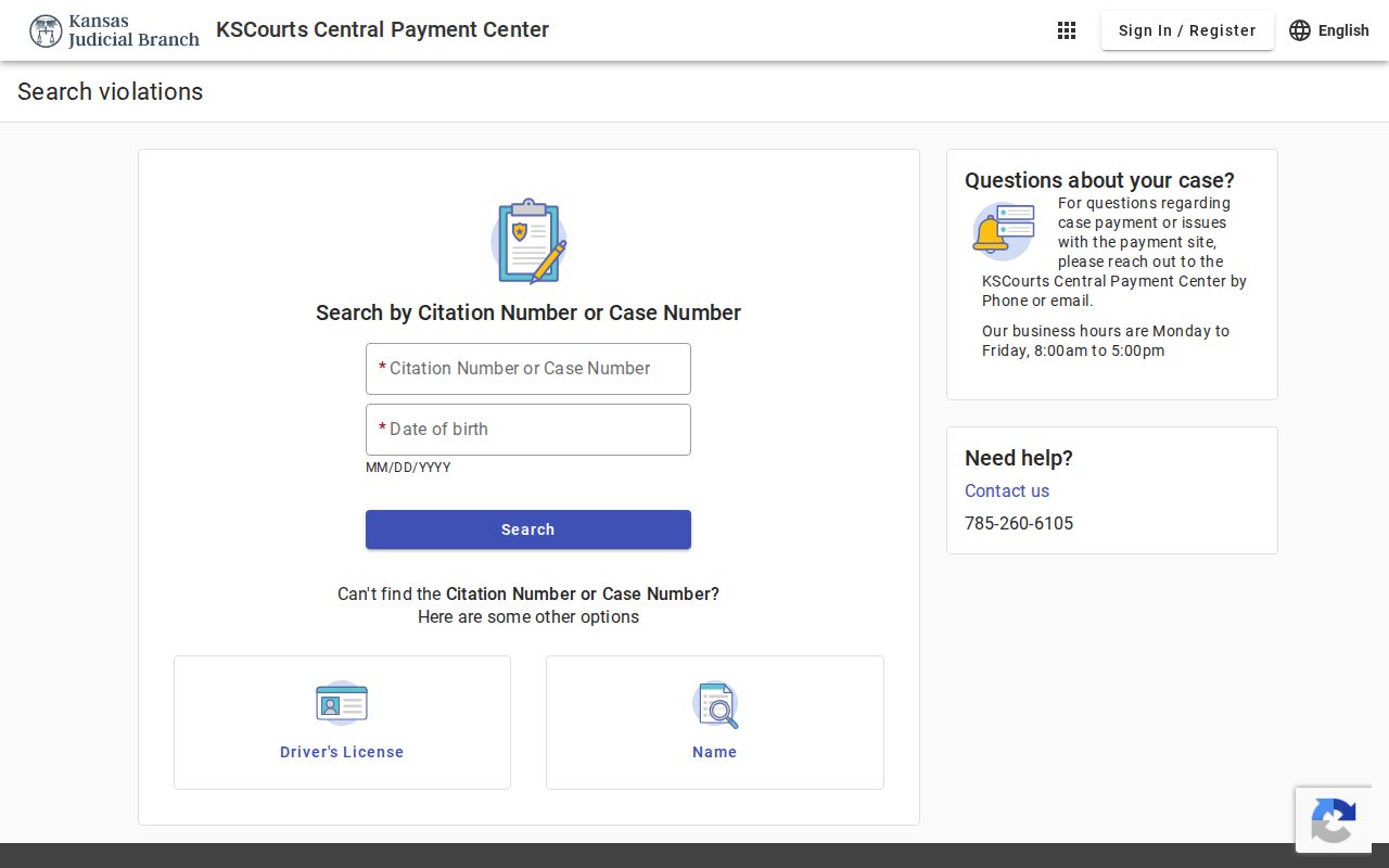 Kansas Central Payment Center citation search fields for case number, date of birth, name, license, and vehicle
